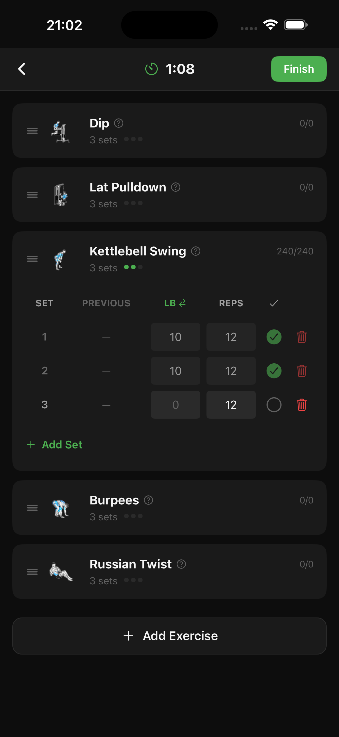 PowerClaw active workout screen showing set-by-set tracking
